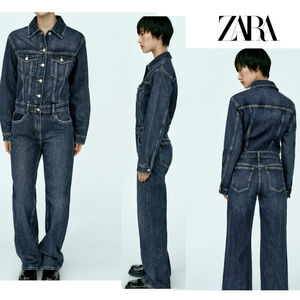 Zara blue denim jean jumpsuit long sleeve button front straight leg Sz S NWOT